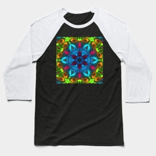 Psychedelic Kaleidoscope Flower Blue Pink Orange and Green Baseball T-Shirt